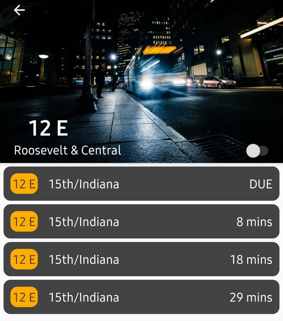 A screenshot taken with a smartphone of my android CTA bus tracker app